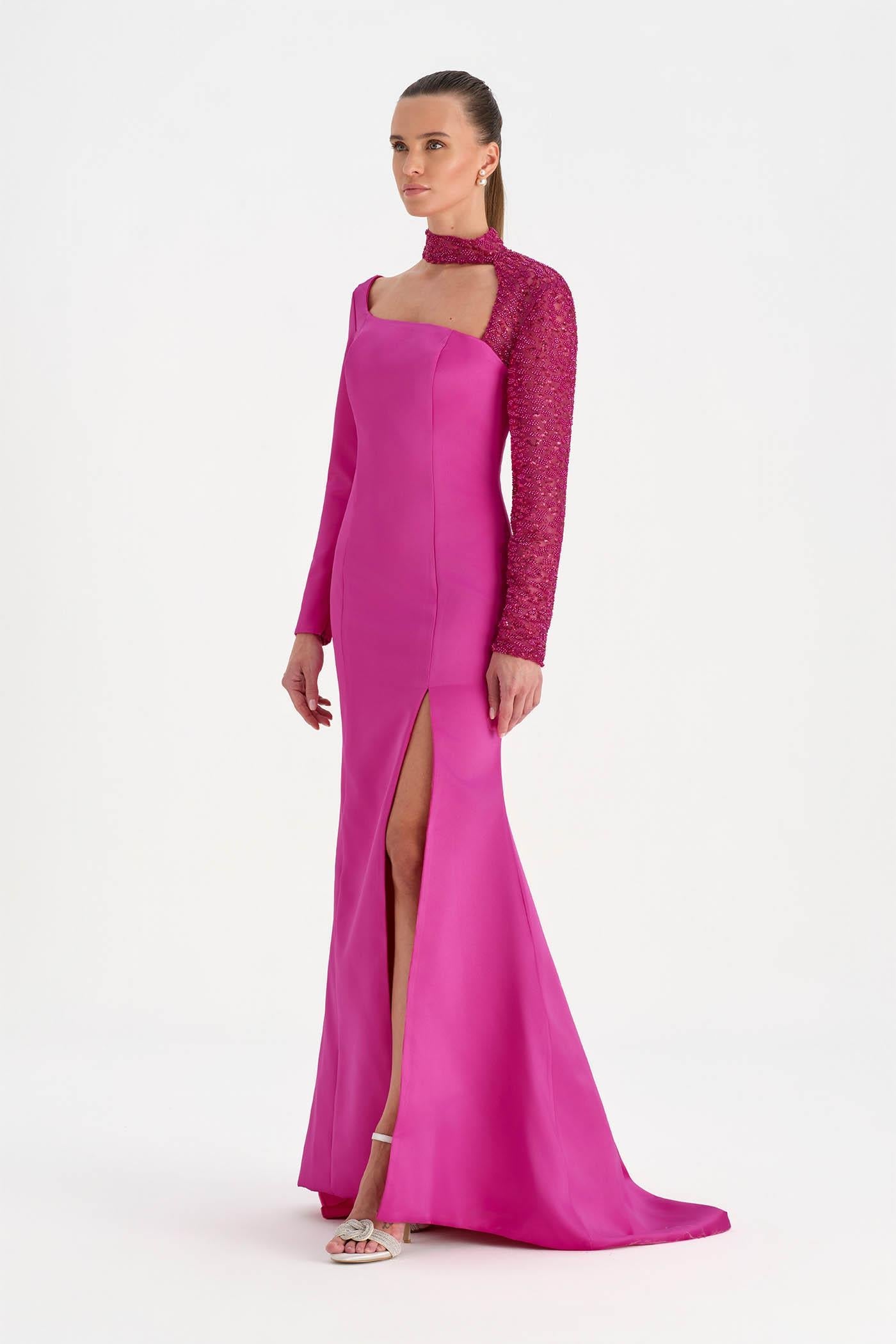 One-Sleeve Embroidered High-Slit Evening Dress - 26044C