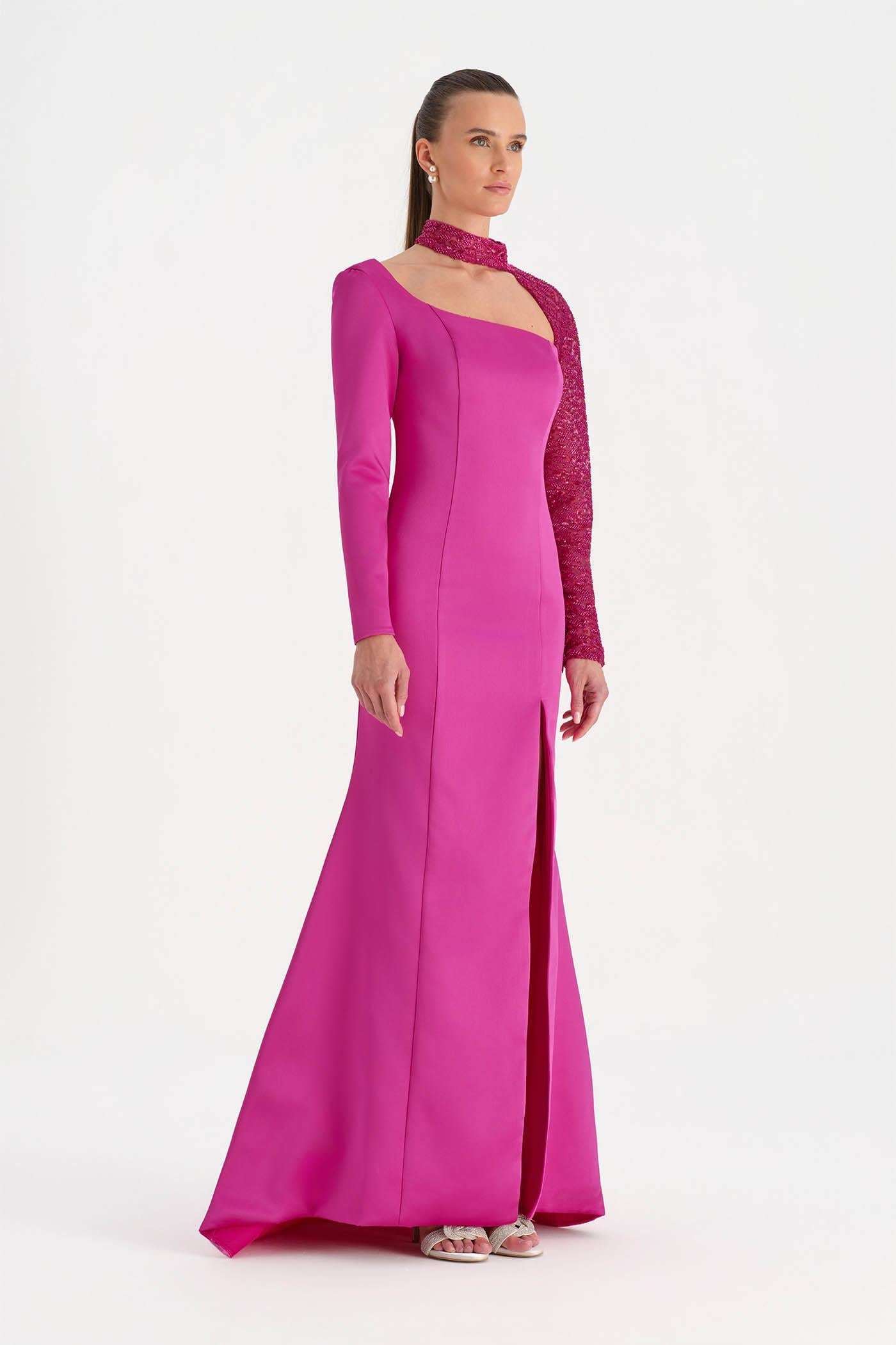 One-Sleeve Embroidered High-Slit Evening Dress - 26044C