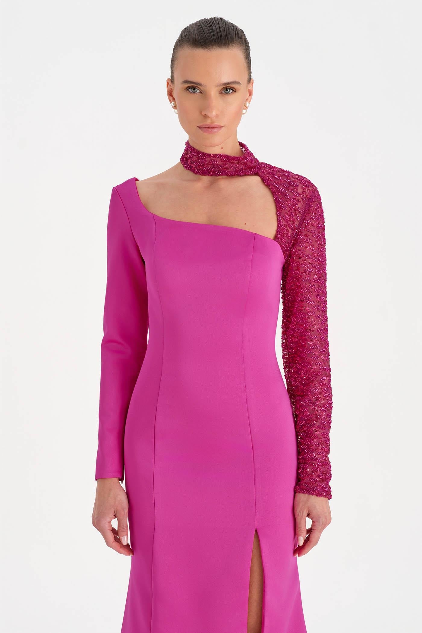 One-Sleeve Embroidered High-Slit Evening Dress - 26044C