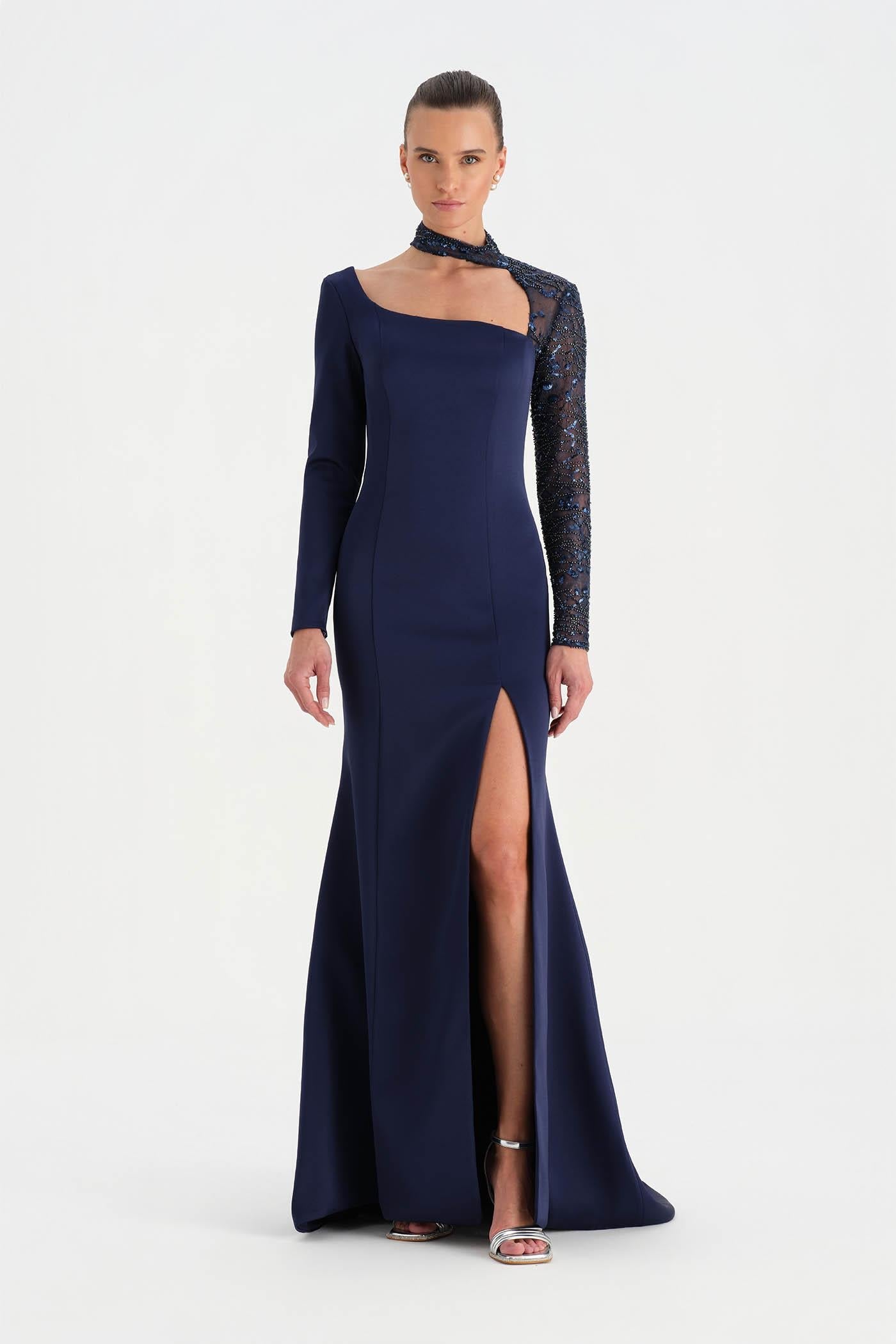 One-Sleeve Embroidered High-Slit Evening Dress - 26044C