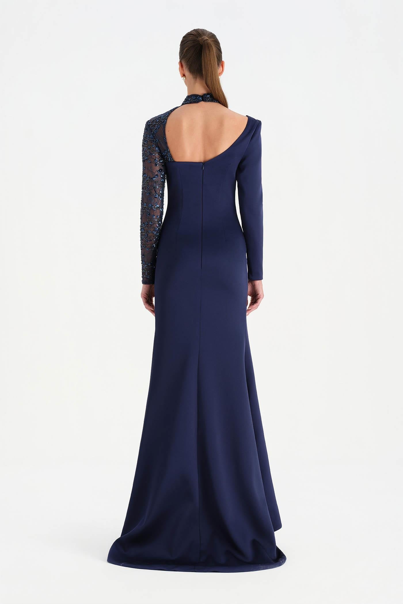 One-Sleeve Embroidered High-Slit Evening Dress - 26044C