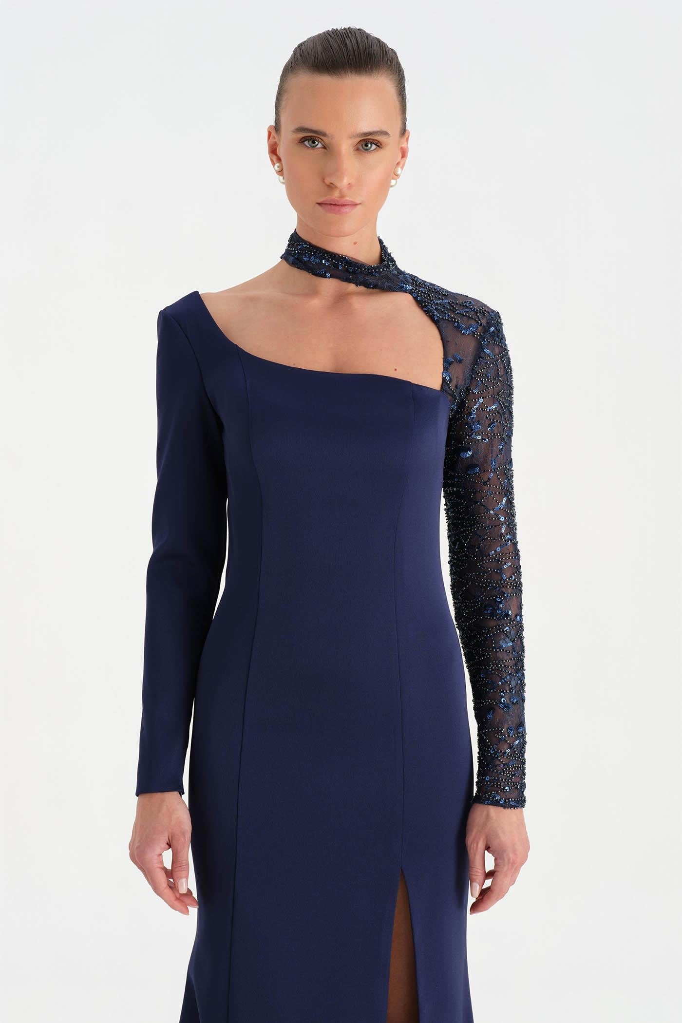 One-Sleeve Embroidered High-Slit Evening Dress - 26044C