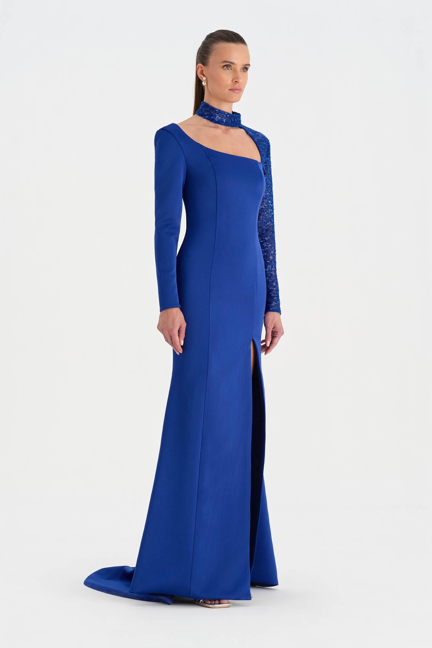 One-Sleeve Embroidered High-Slit Evening Dress - 26044C