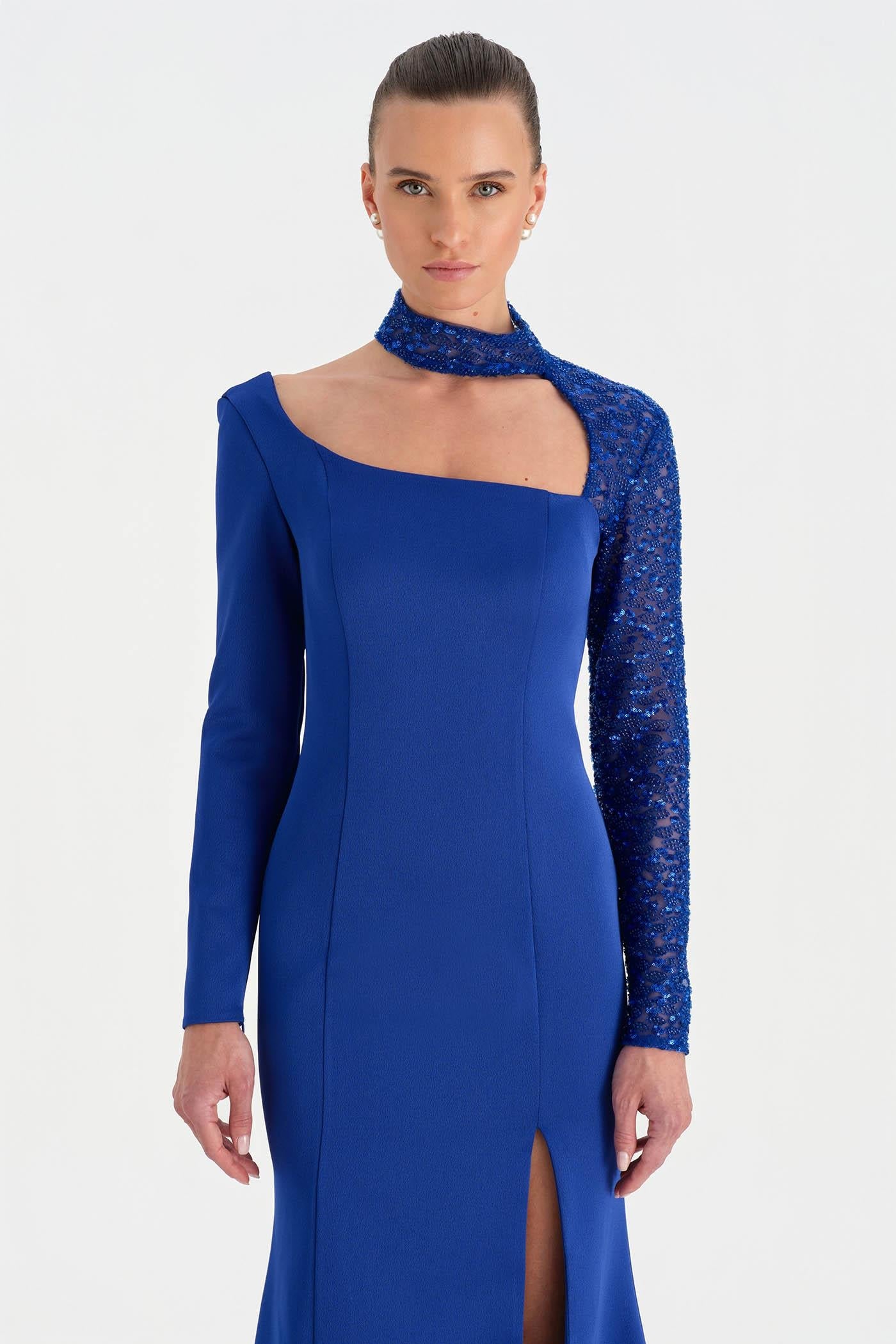 One-Sleeve Embroidered High-Slit Evening Dress - 26044C