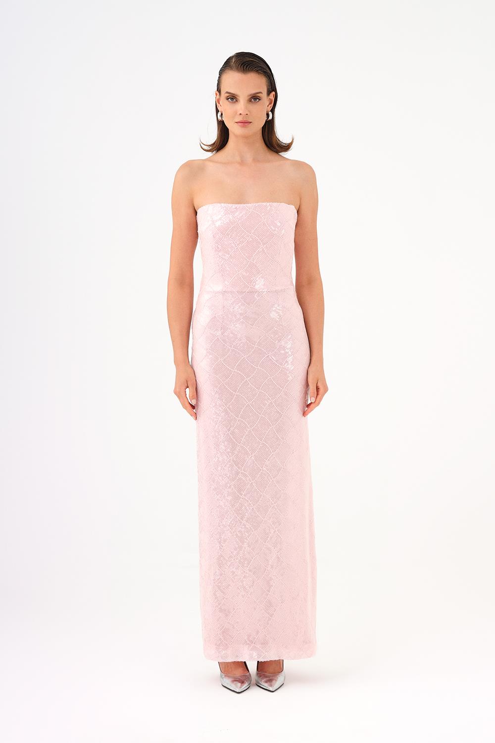 Baklava Desen Payetli Straplez Uzun Abiye Elbise - 9163C