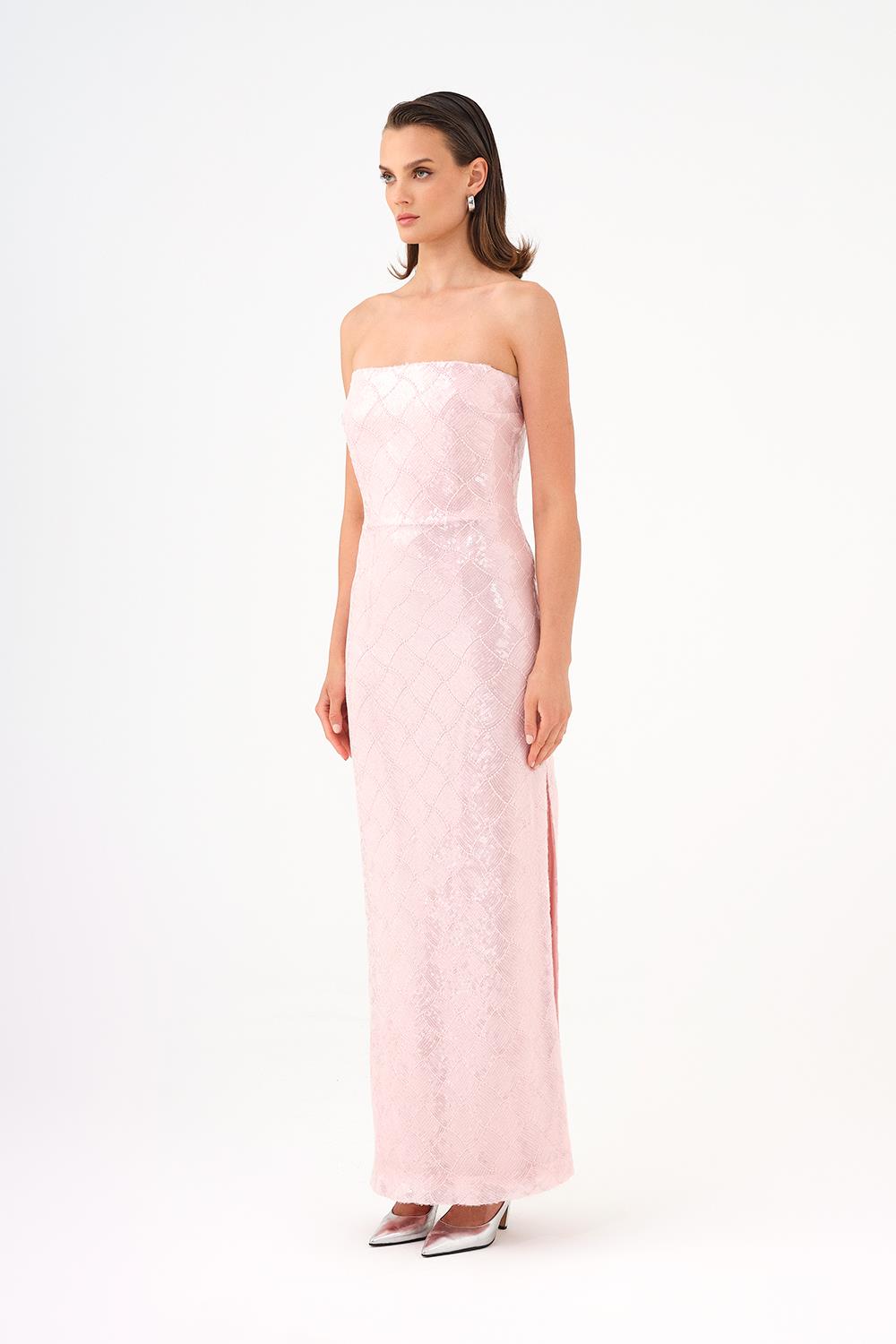 Baklava Desen Payetli Straplez Uzun Abiye Elbise - 9163C