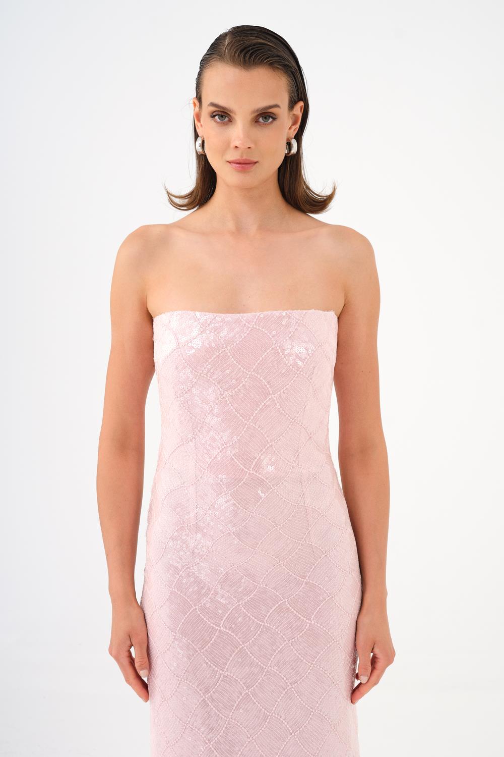 Baklava Desen Payetli Straplez Uzun Abiye Elbise - 9163C