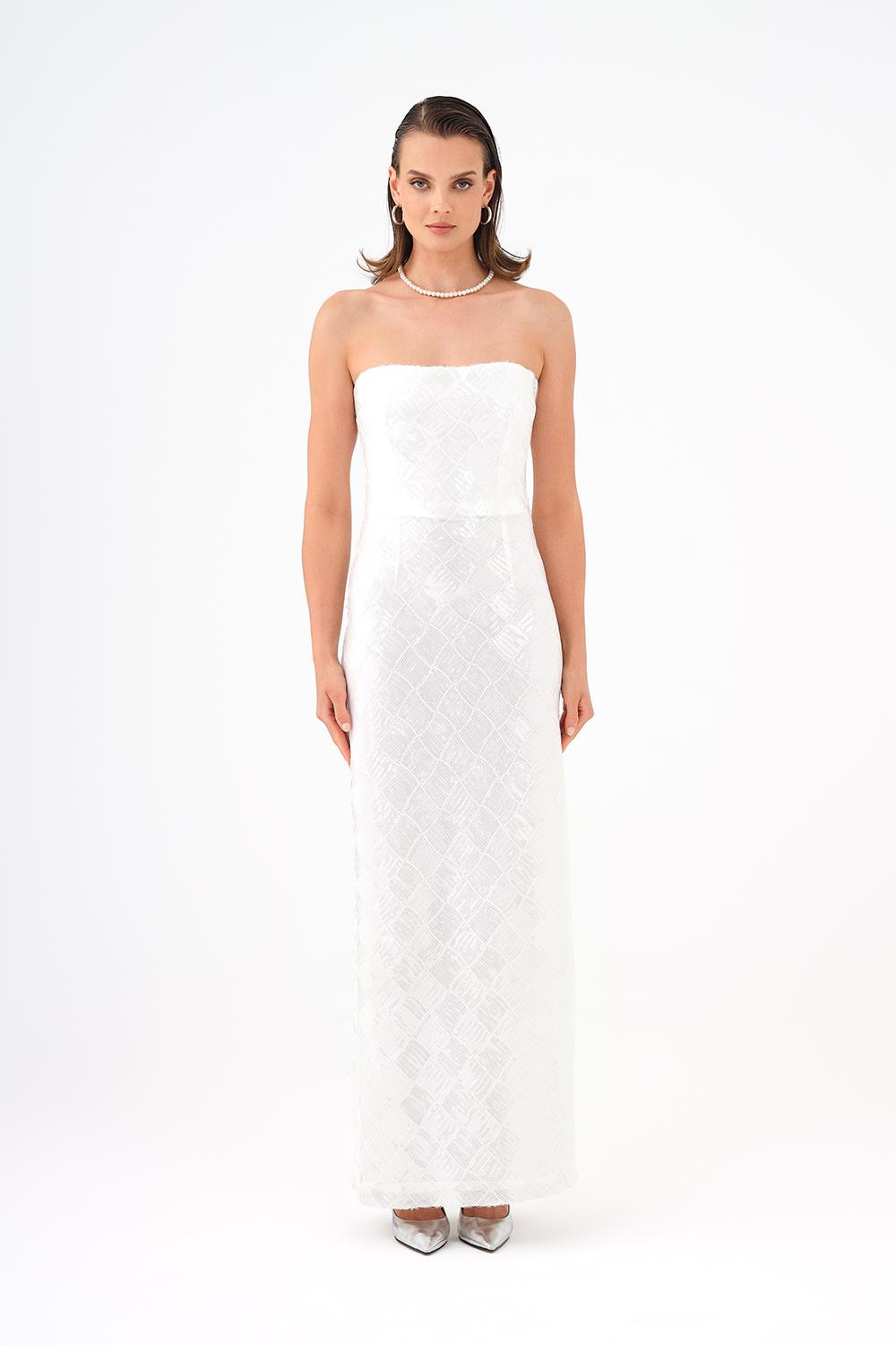 Baklava Desen Payetli Straplez Uzun Abiye Elbise - 9163C