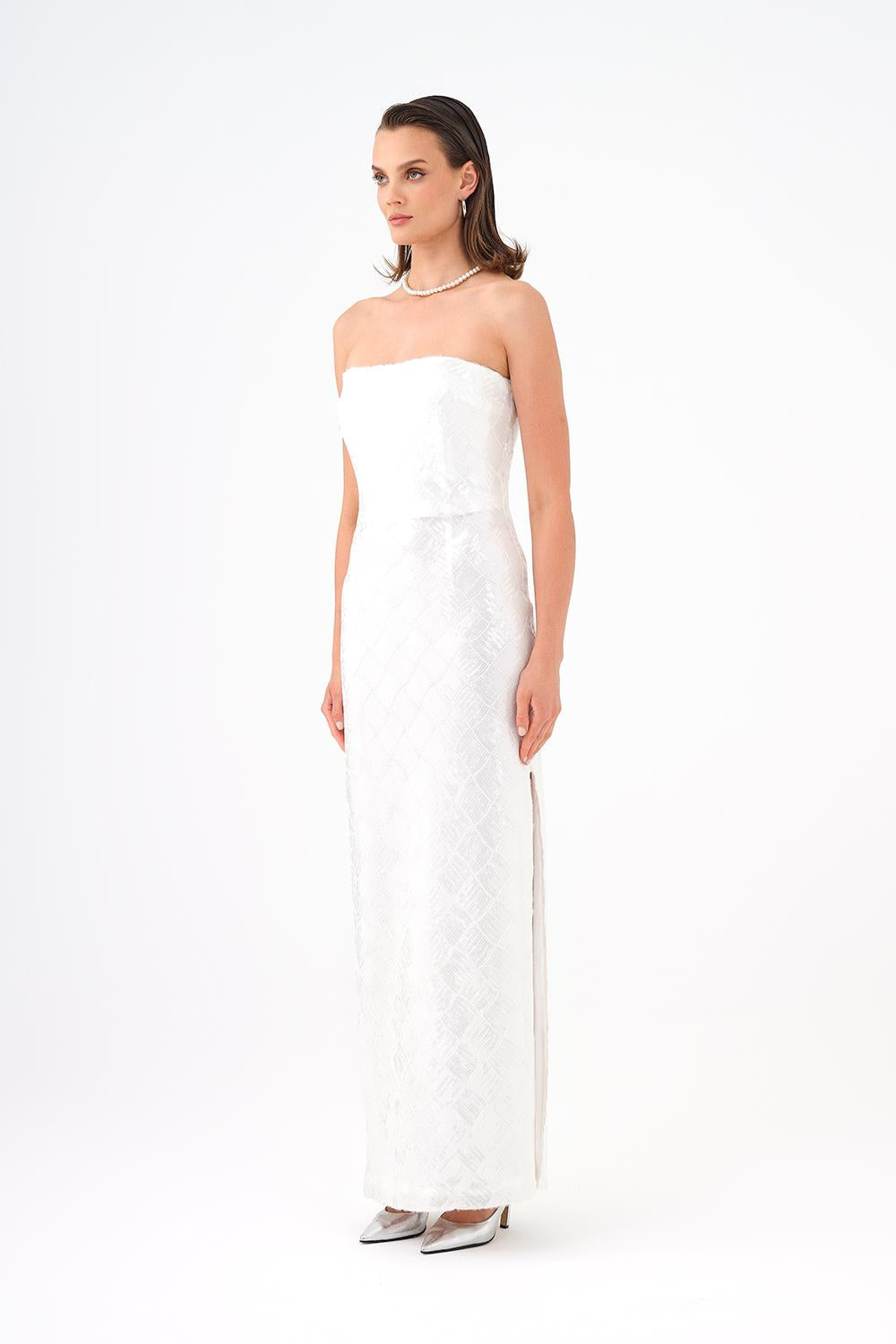 Baklava Desen Payetli Straplez Uzun Abiye Elbise - 9163C