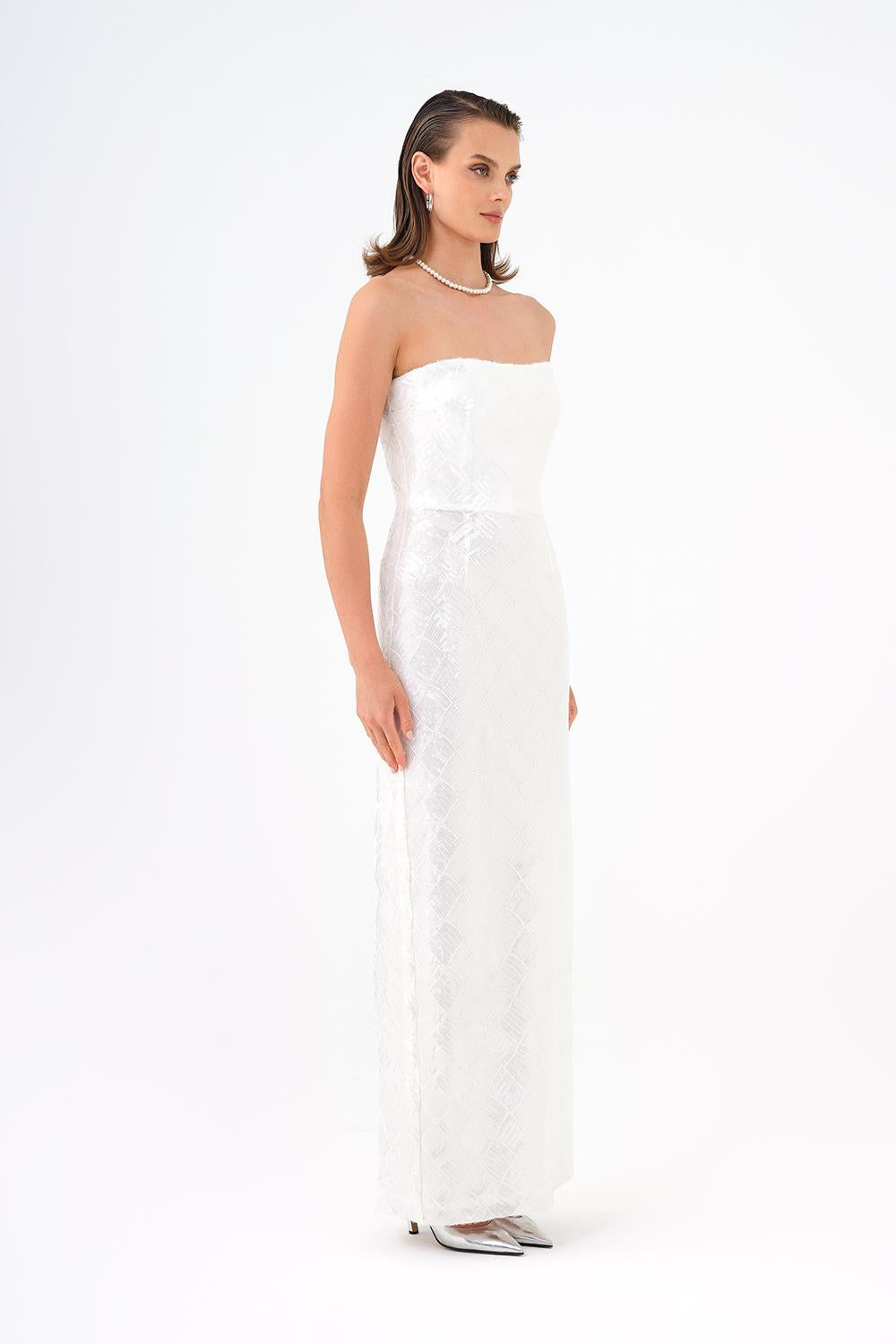 Baklava Desen Payetli Straplez Uzun Abiye Elbise - 9163C