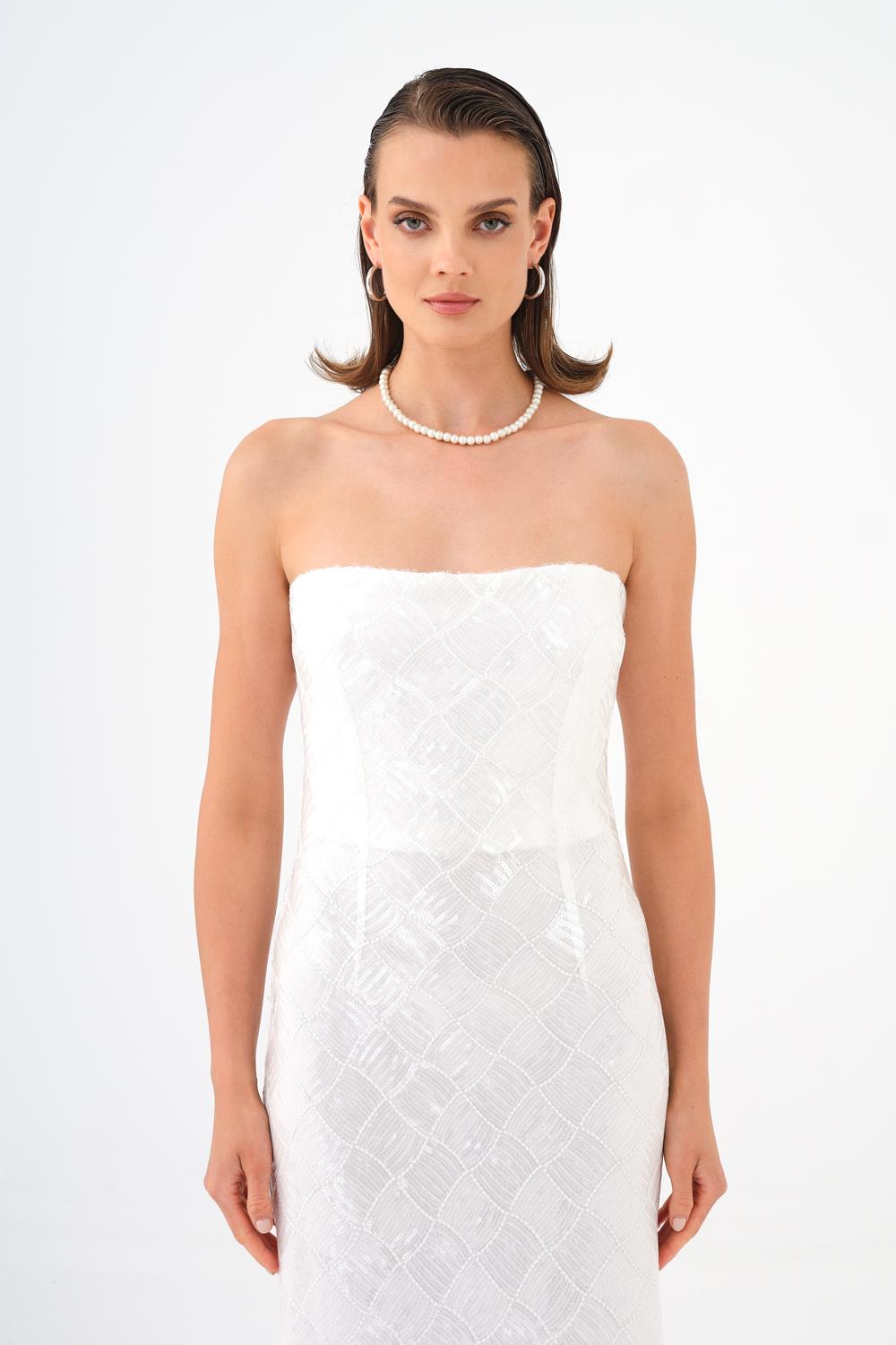 Baklava Desen Payetli Straplez Uzun Abiye Elbise - 9163C