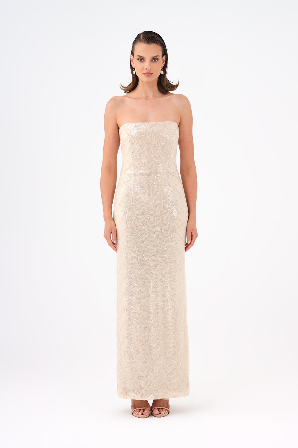 Baklava Desen Payetli Straplez Uzun Abiye Elbise - 9163C