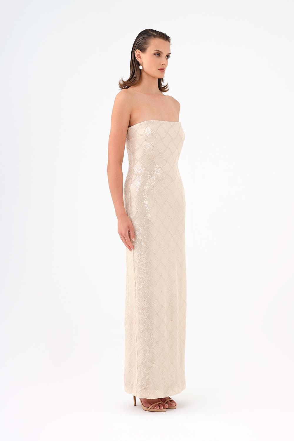 Baklava Desen Payetli Straplez Uzun Abiye Elbise - 9163C