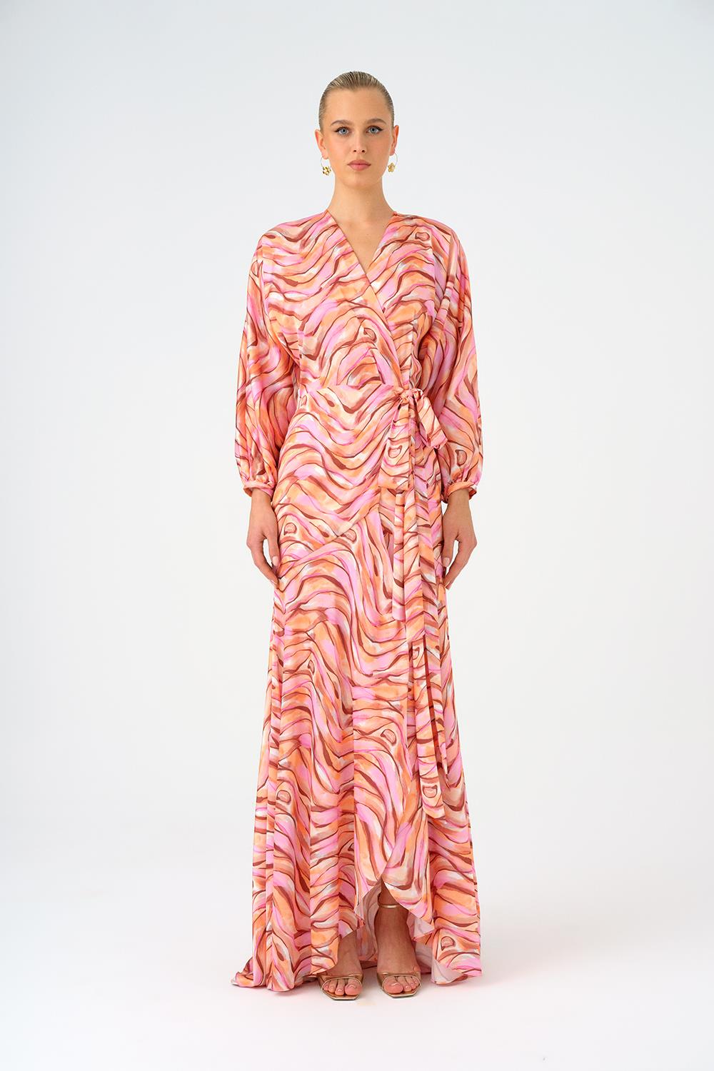 Uzun Kollu V Yaka Desenli Saten Uzun Abiye Elbise - 9156C