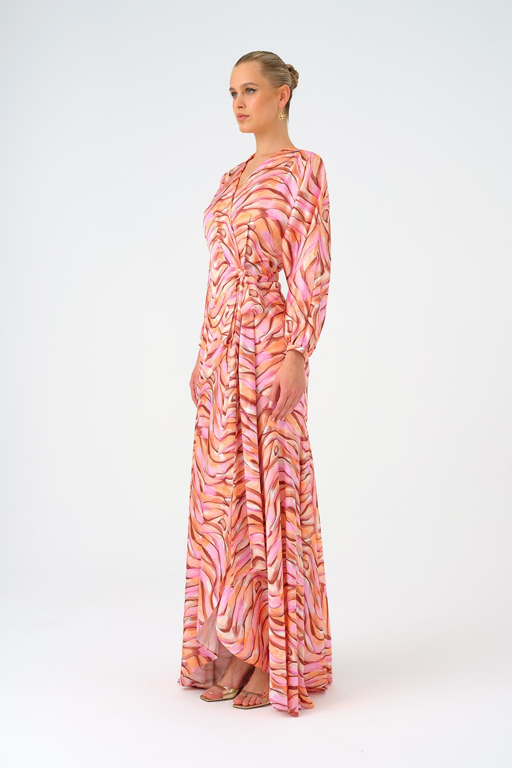 Uzun Kollu V Yaka Desenli Saten Uzun Abiye Elbise - 9156C