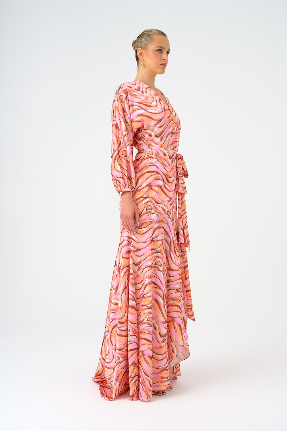 Uzun Kollu V Yaka Desenli Saten Uzun Abiye Elbise - 9156C