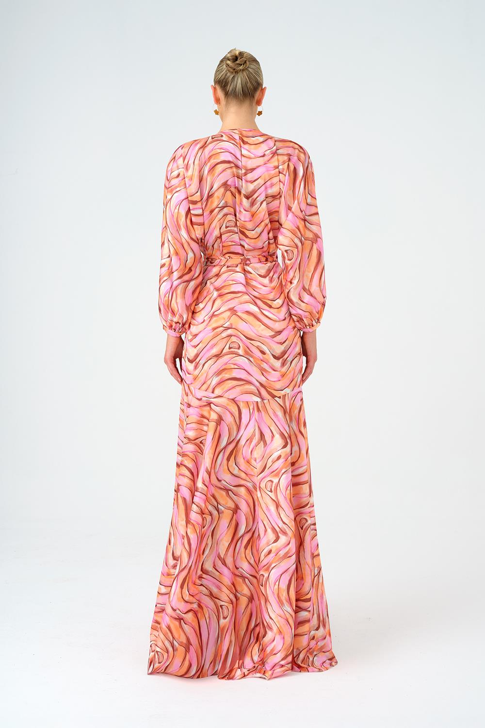 Uzun Kollu V Yaka Desenli Saten Uzun Abiye Elbise - 9156C