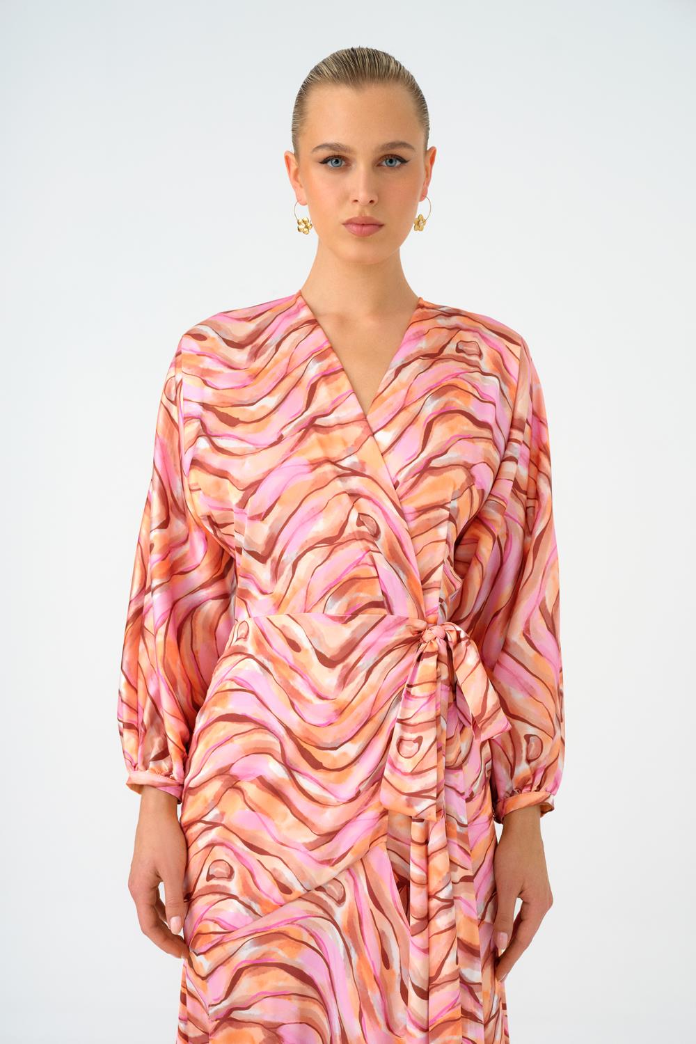 Uzun Kollu V Yaka Desenli Saten Uzun Abiye Elbise - 9156C