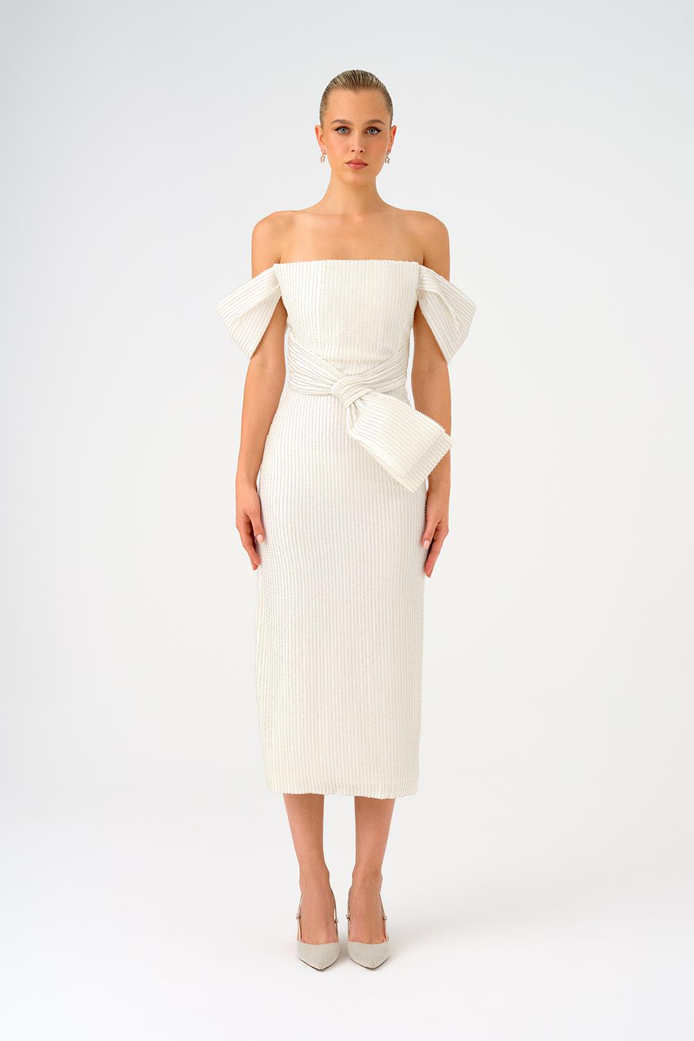 Bel Bağlama Detaylı Düşük Omuzlu Payet Midi Abiye Elbise - 9184C