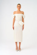 Bel Bağlama Detaylı Düşük Omuzlu Payet Midi Abiye Elbise - 9184C