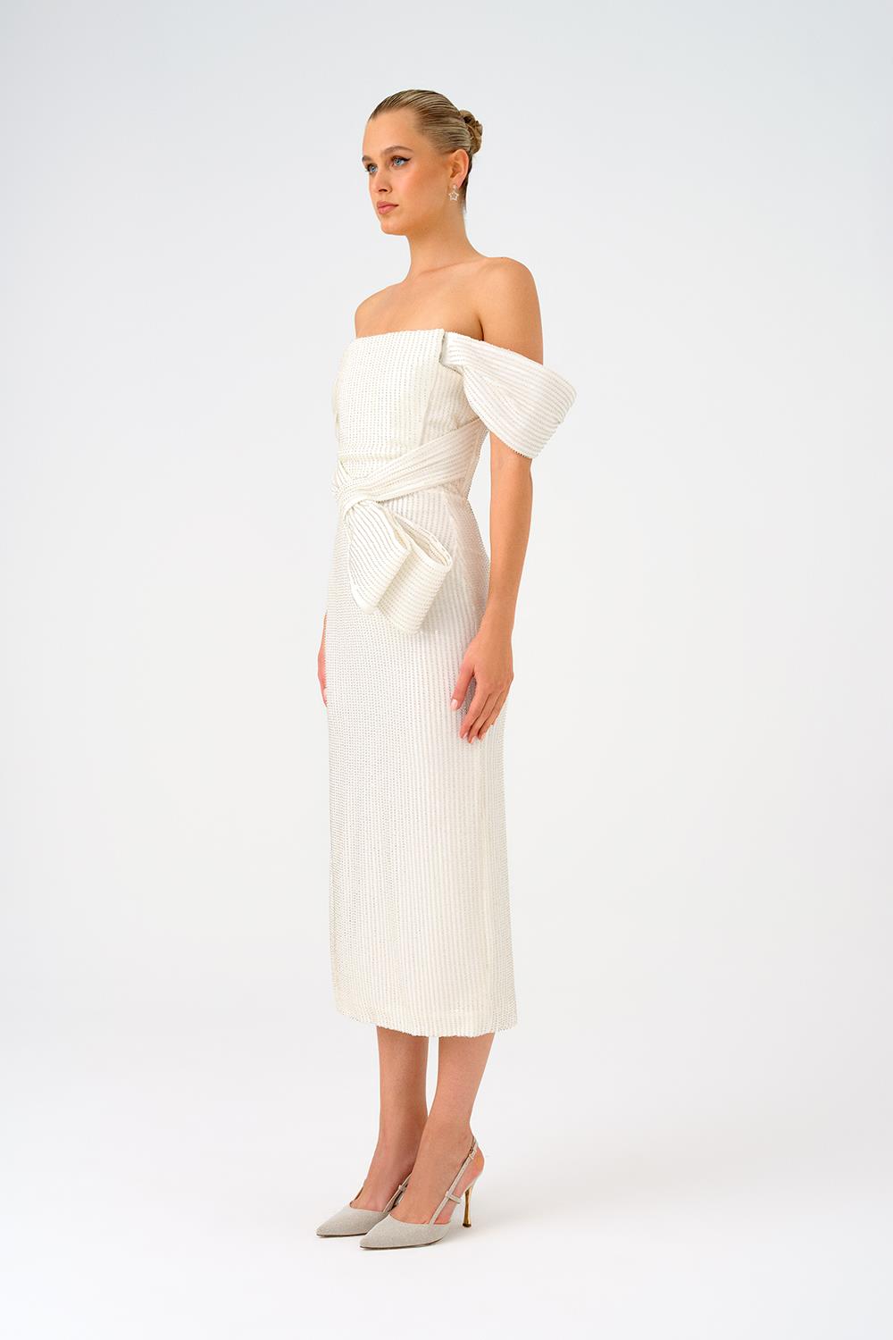 Bel Bağlama Detaylı Düşük Omuzlu Payet Midi Abiye Elbise - 9184C