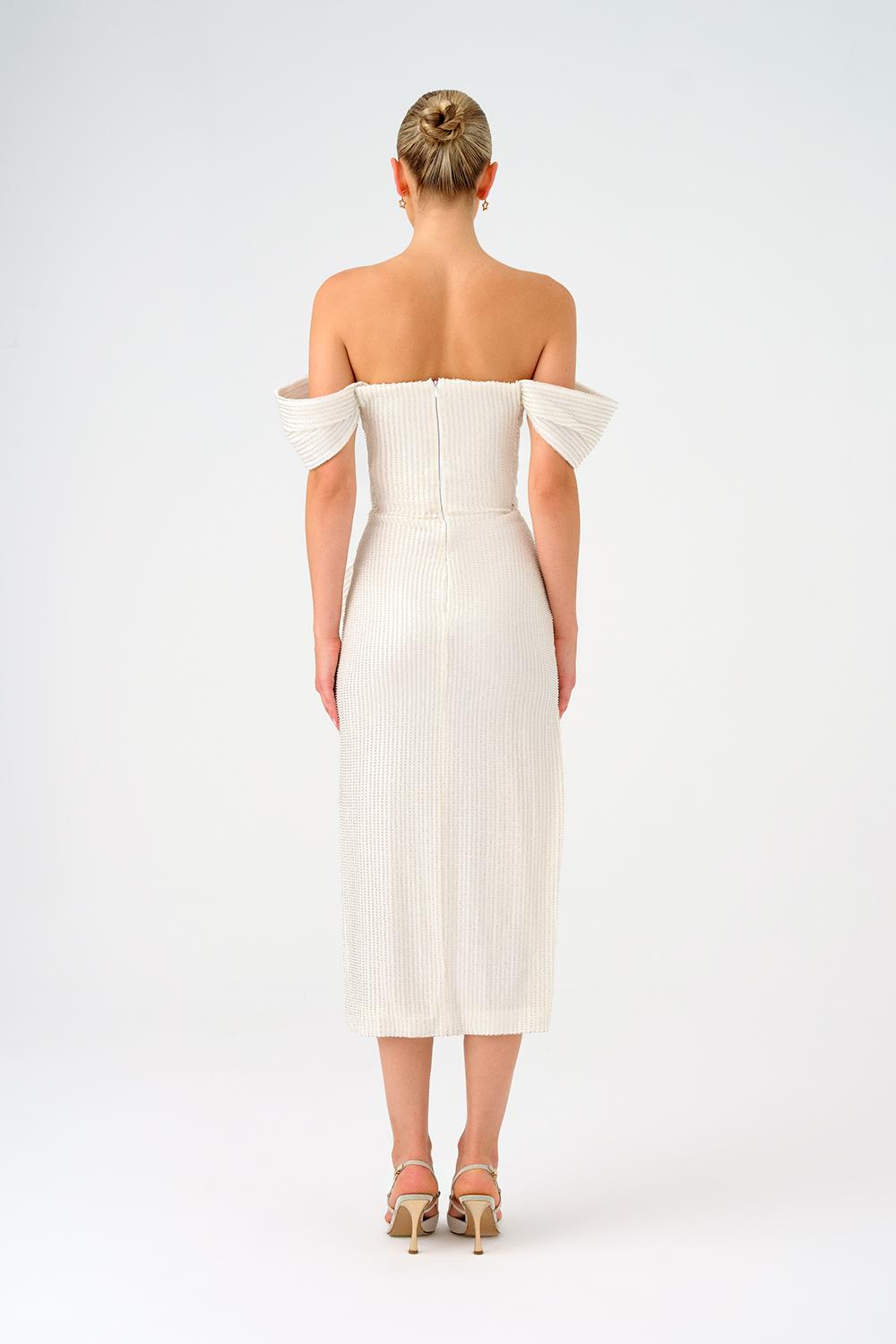 Bel Bağlama Detaylı Düşük Omuzlu Payet Midi Abiye Elbise - 9184C