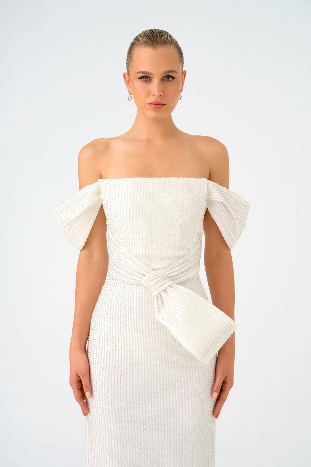 Bel Bağlama Detaylı Düşük Omuzlu Payet Midi Abiye Elbise - 9184C