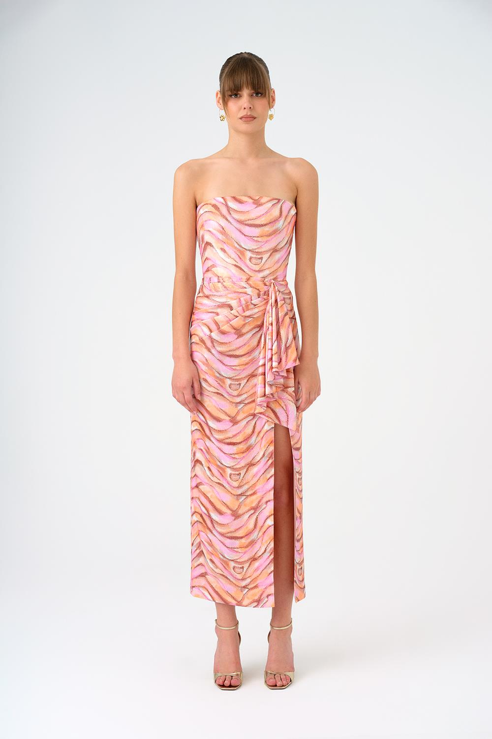 Bel Drape Detaylı Yırtmaçlı Midi Abiye Elbise - 9196C