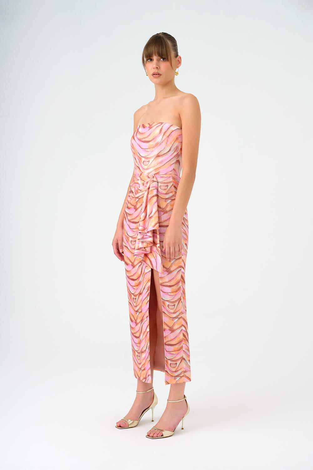 Bel Drape Detaylı Yırtmaçlı Midi Abiye Elbise - 9196C