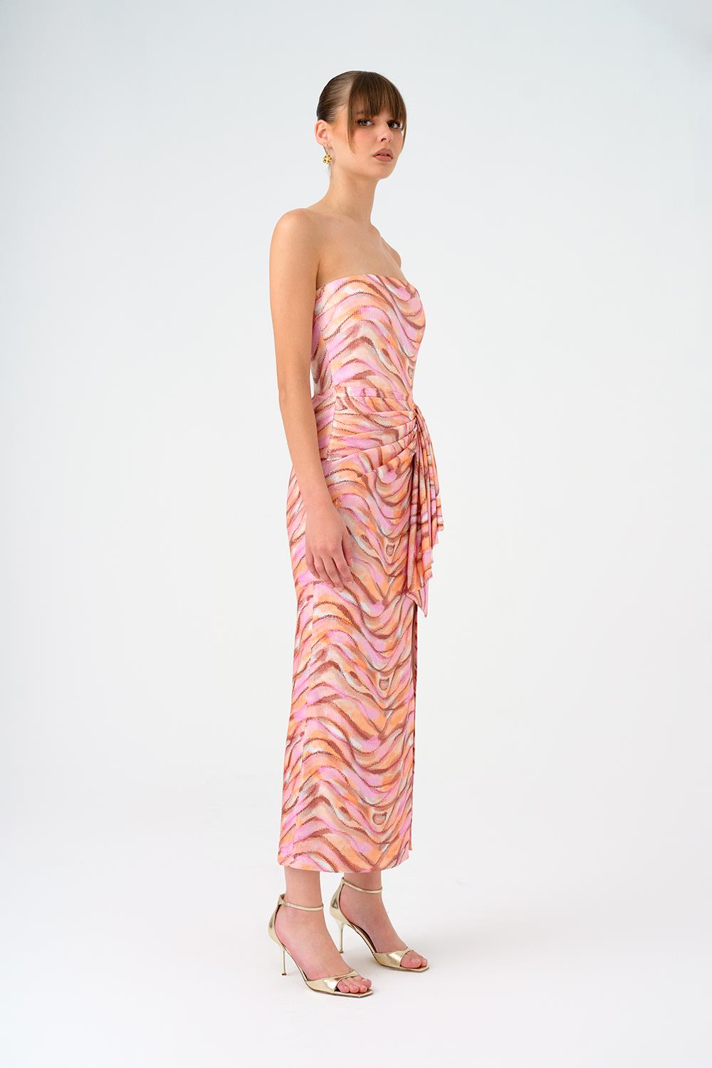 Bel Drape Detaylı Yırtmaçlı Midi Abiye Elbise - 9196C