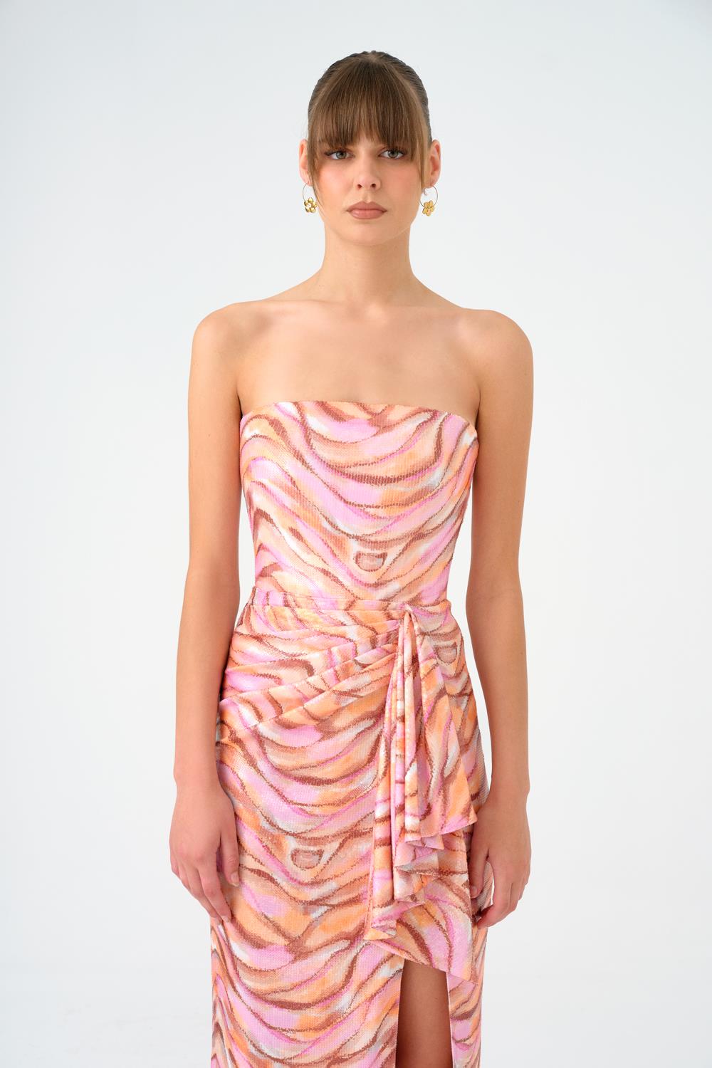 Bel Drape Detaylı Yırtmaçlı Midi Abiye Elbise - 9196C