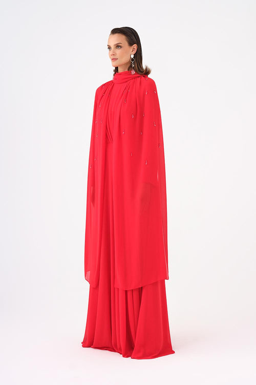 Boncuk İşlemeli Tesettür Şifon Uzun Abiye Elbise - 9154C