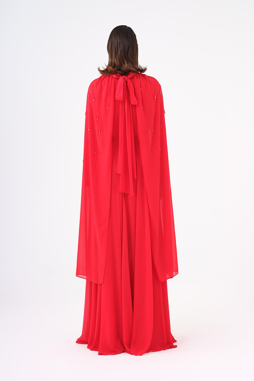 Boncuk İşlemeli Tesettür Şifon Uzun Abiye Elbise - 9154C