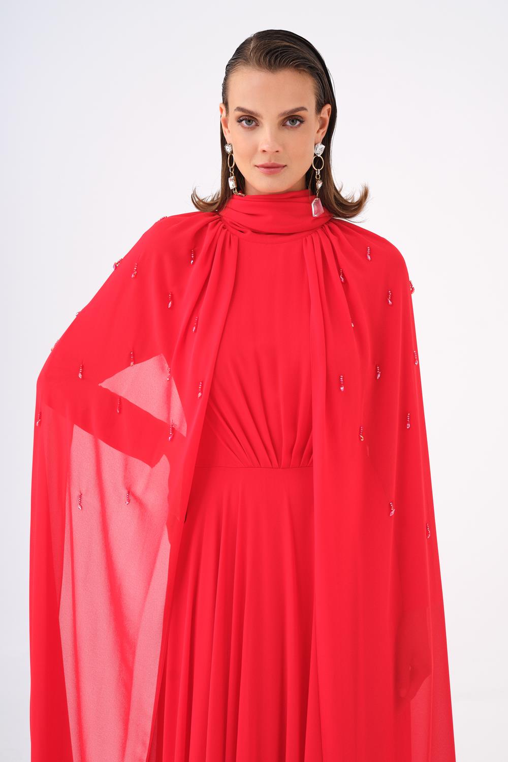 Boncuk İşlemeli Tesettür Şifon Uzun Abiye Elbise - 9154C