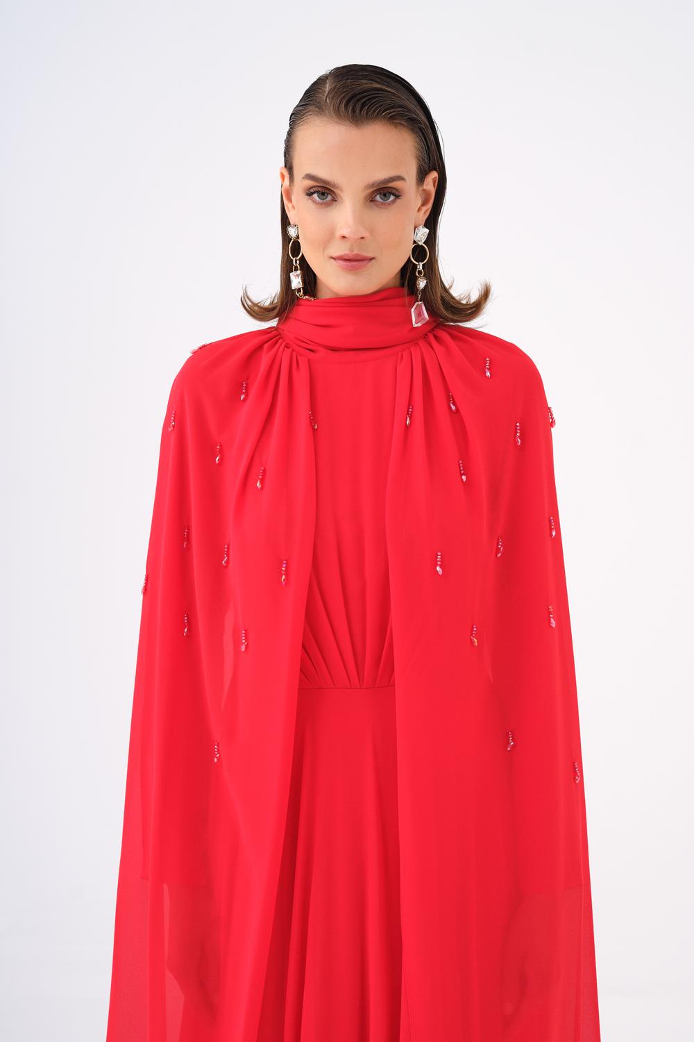 Boncuk İşlemeli Tesettür Şifon Uzun Abiye Elbise - 9154C