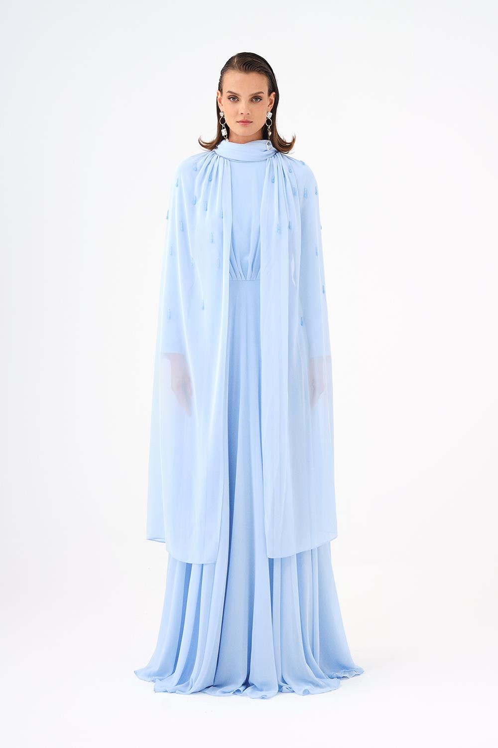 Boncuk İşlemeli Tesettür Şifon Uzun Abiye Elbise - 9154C