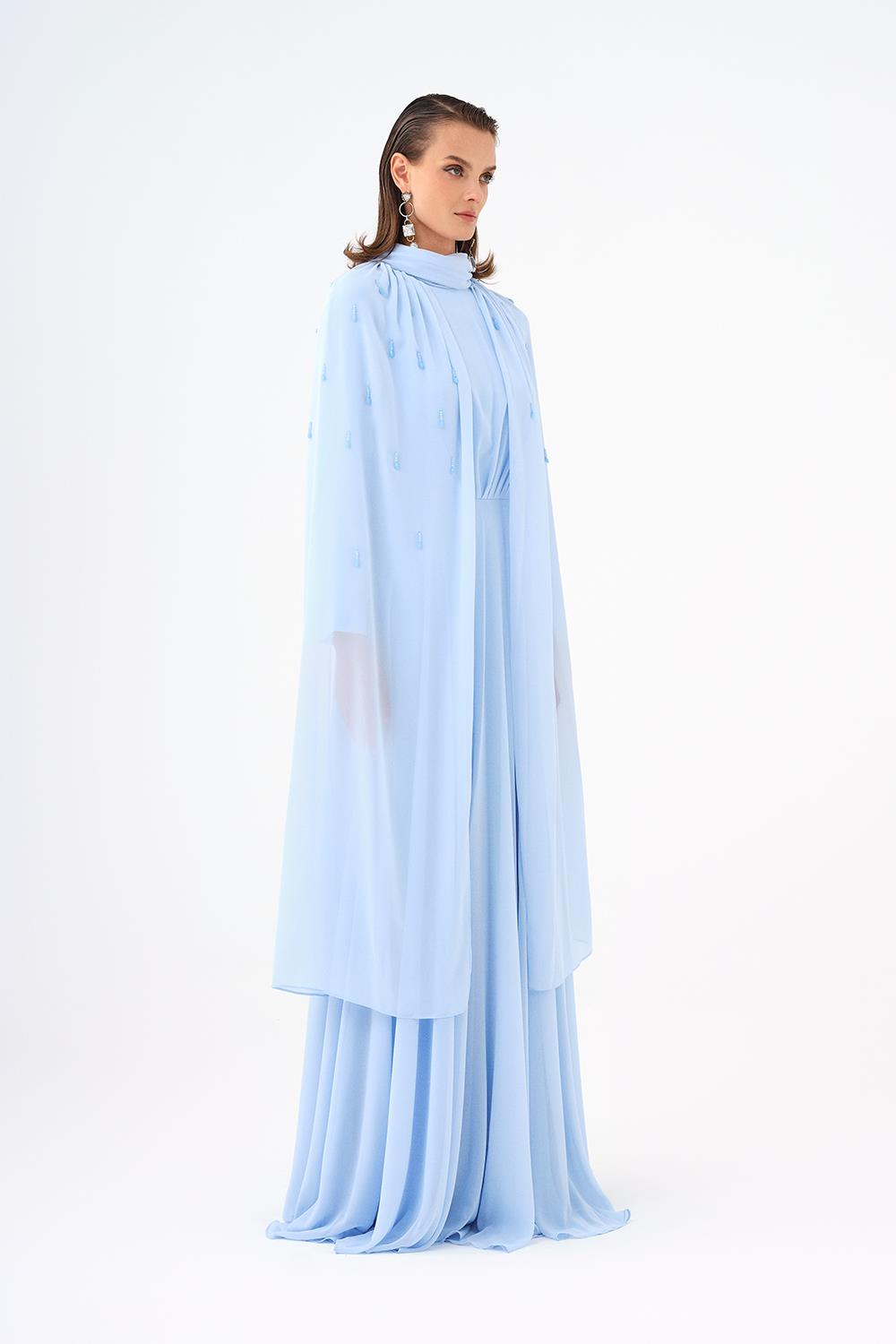 Boncuk İşlemeli Tesettür Şifon Uzun Abiye Elbise - 9154C