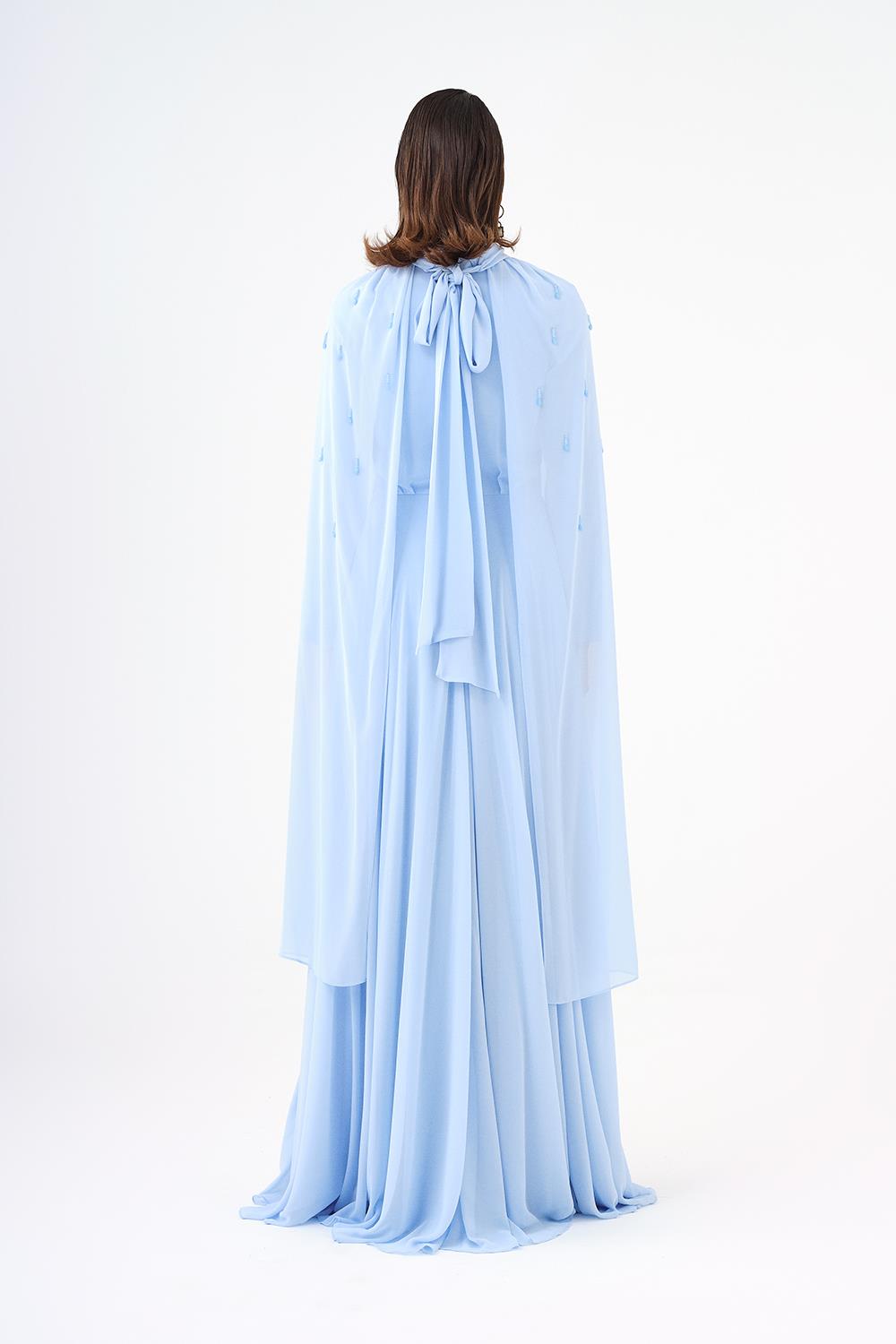 Boncuk İşlemeli Tesettür Şifon Uzun Abiye Elbise - 9154C