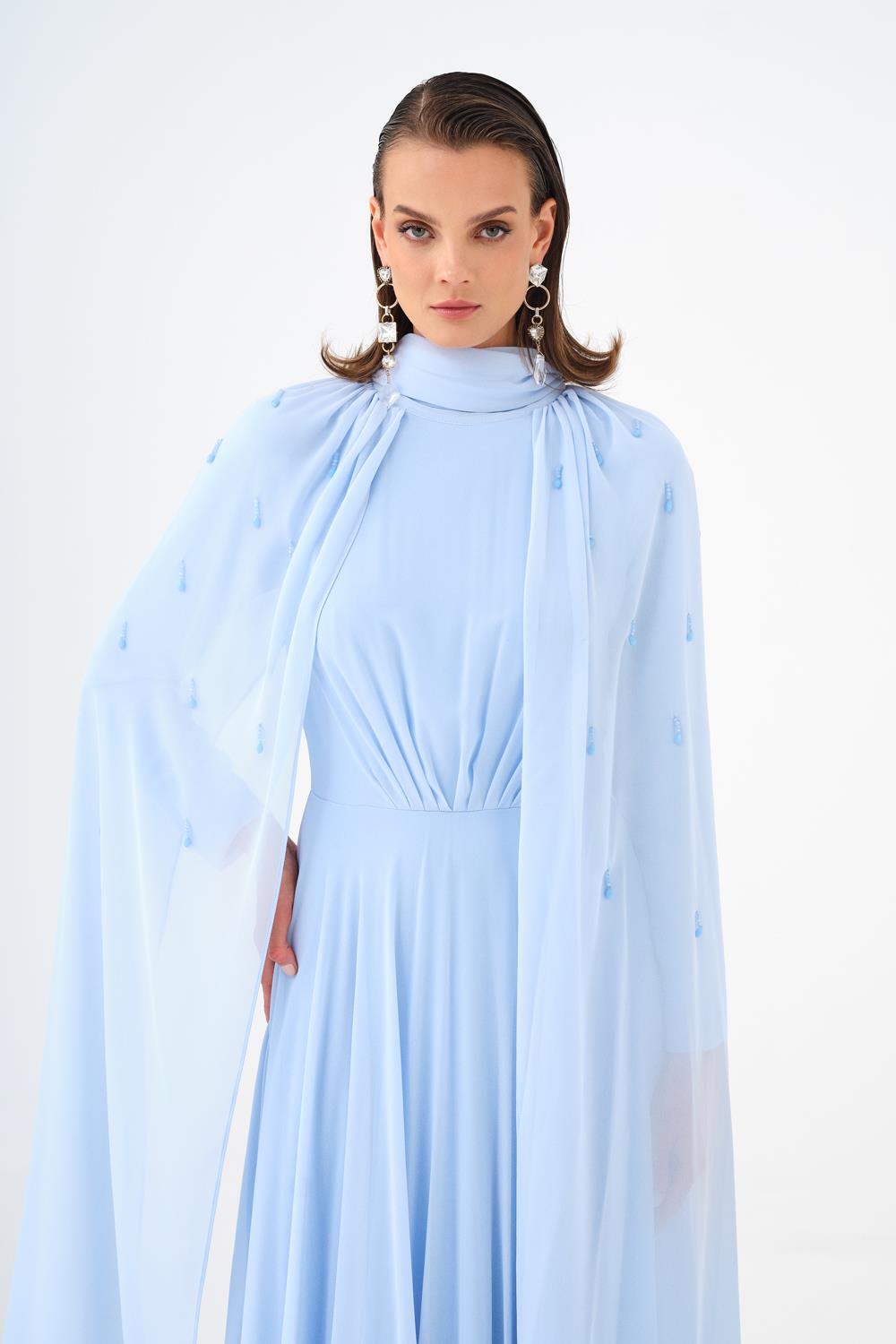 Boncuk İşlemeli Tesettür Şifon Uzun Abiye Elbise - 9154C