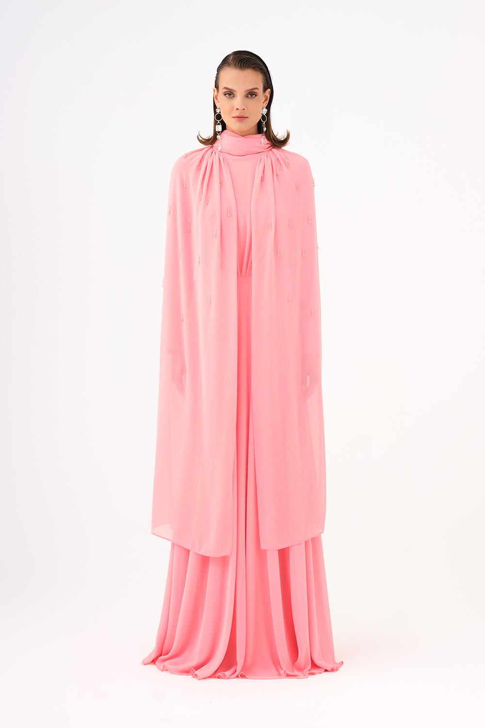 Boncuk İşlemeli Tesettür Şifon Uzun Abiye Elbise - 9154C