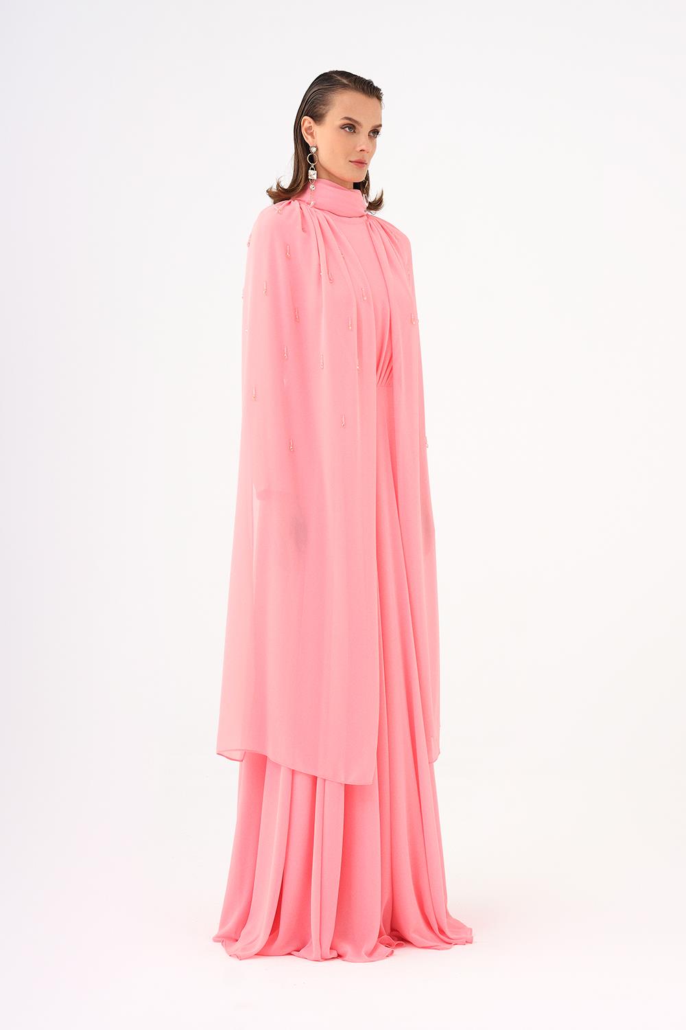 Boncuk İşlemeli Tesettür Şifon Uzun Abiye Elbise - 9154C