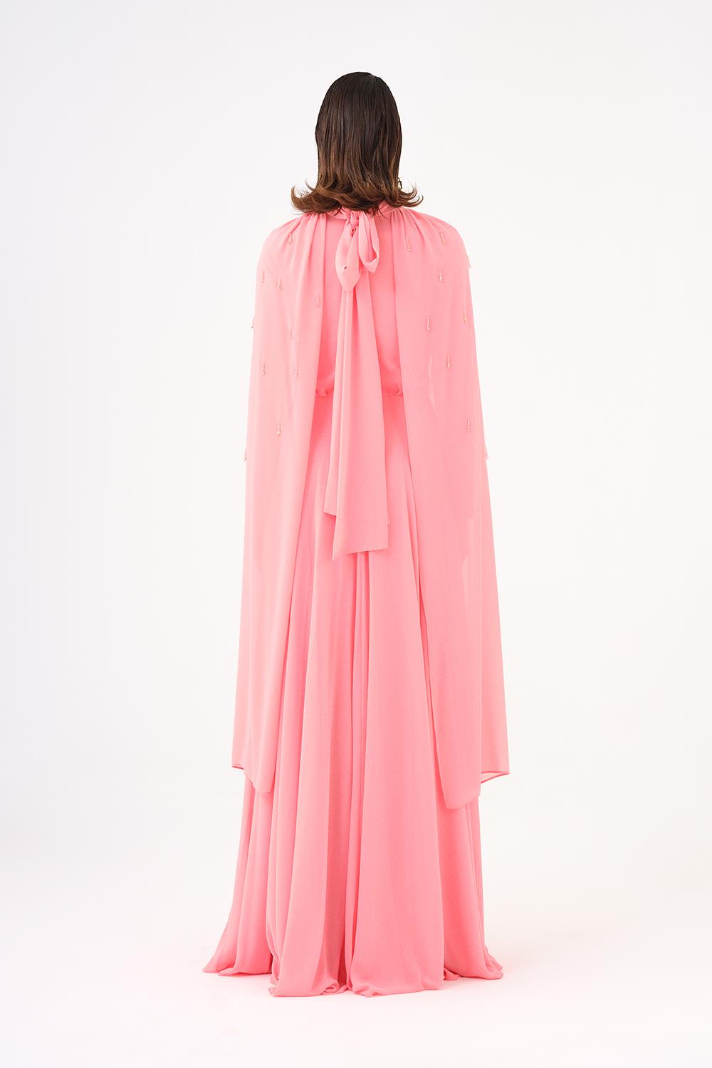 Boncuk İşlemeli Tesettür Şifon Uzun Abiye Elbise - 9154C