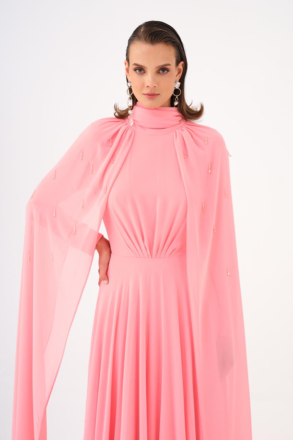 Boncuk İşlemeli Tesettür Şifon Uzun Abiye Elbise - 9154C