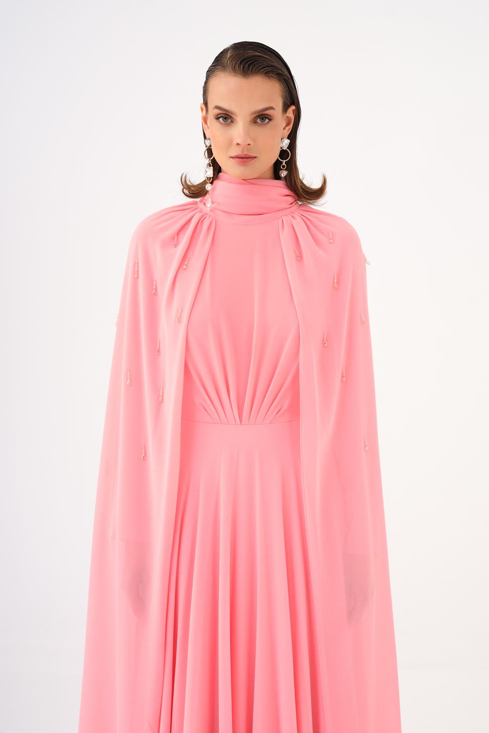 Boncuk İşlemeli Tesettür Şifon Uzun Abiye Elbise - 9154C