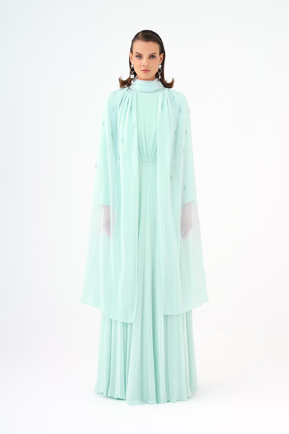 Boncuk İşlemeli Tesettür Şifon Uzun Abiye Elbise - 9154C