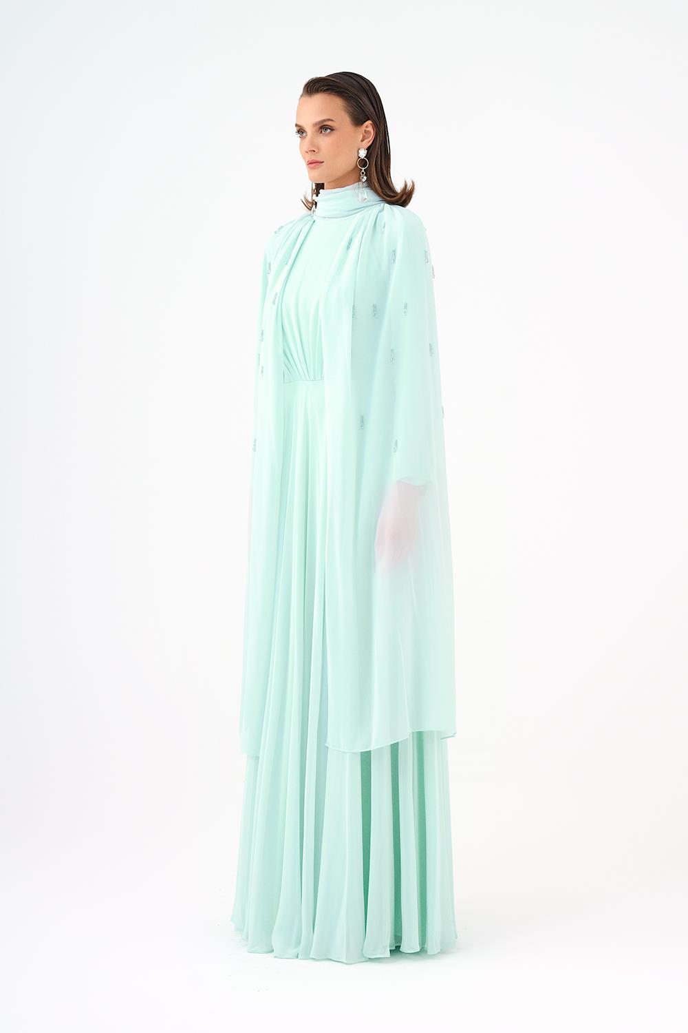 Boncuk İşlemeli Tesettür Şifon Uzun Abiye Elbise - 9154C