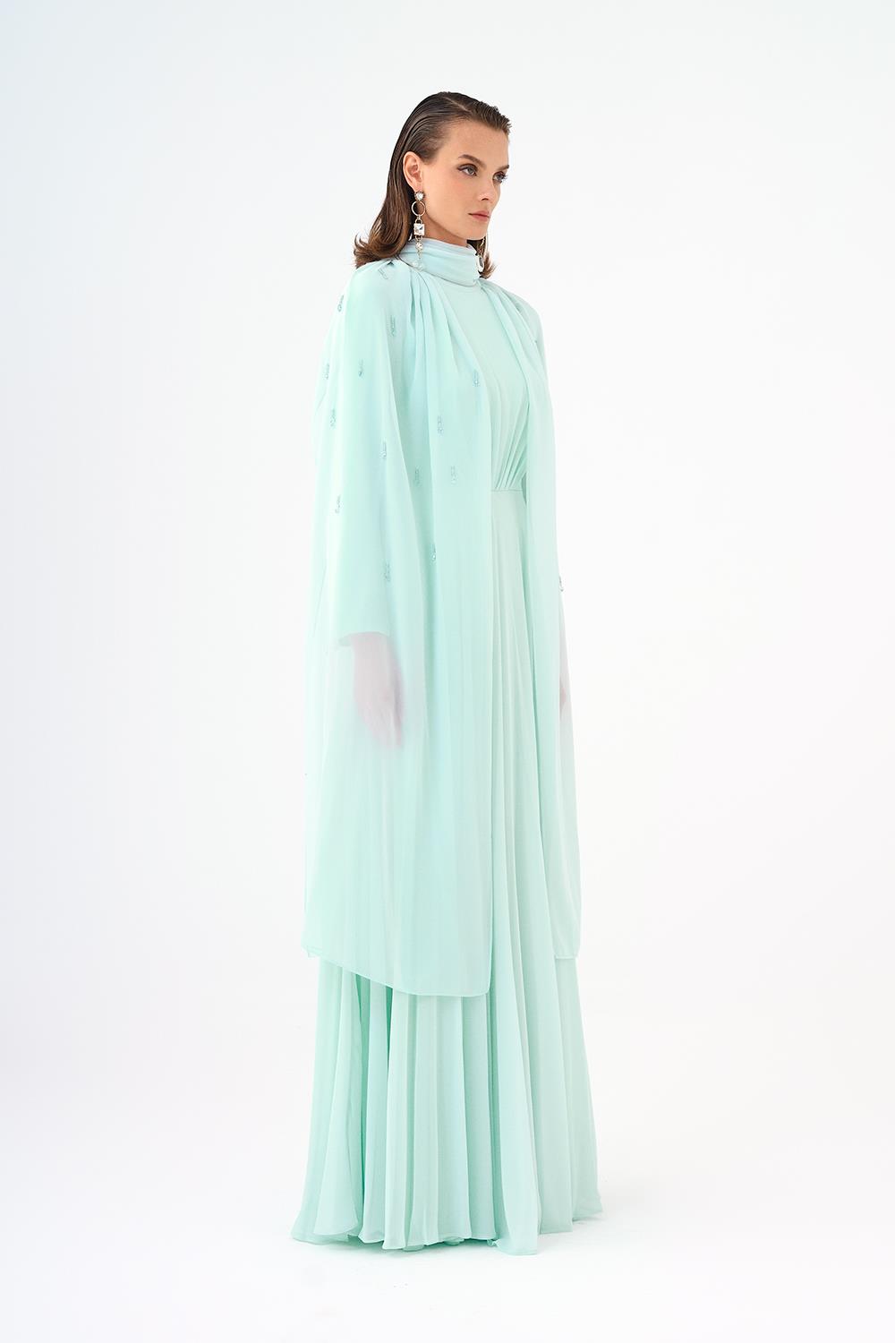 Boncuk İşlemeli Tesettür Şifon Uzun Abiye Elbise - 9154C