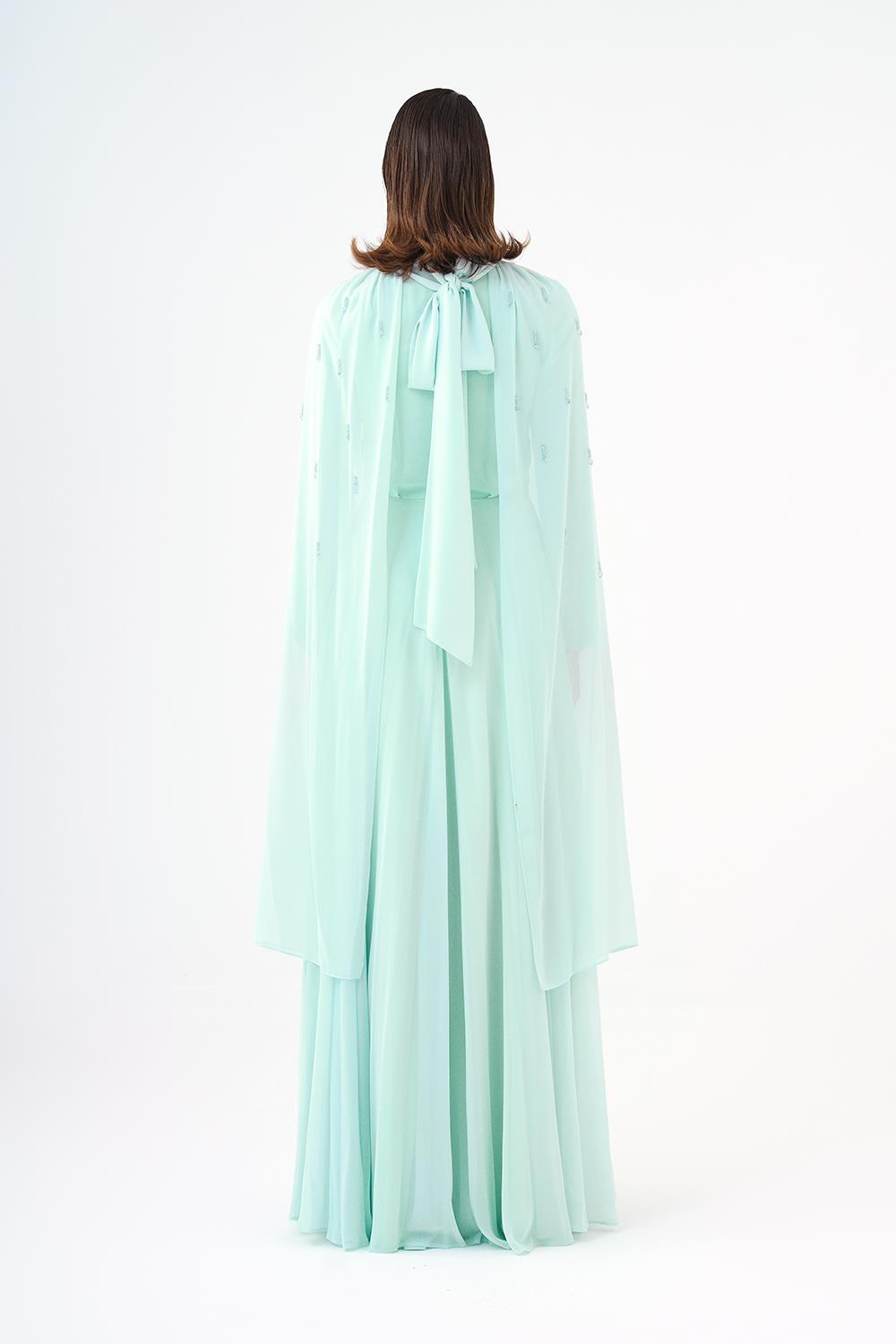 Boncuk İşlemeli Tesettür Şifon Uzun Abiye Elbise - 9154C