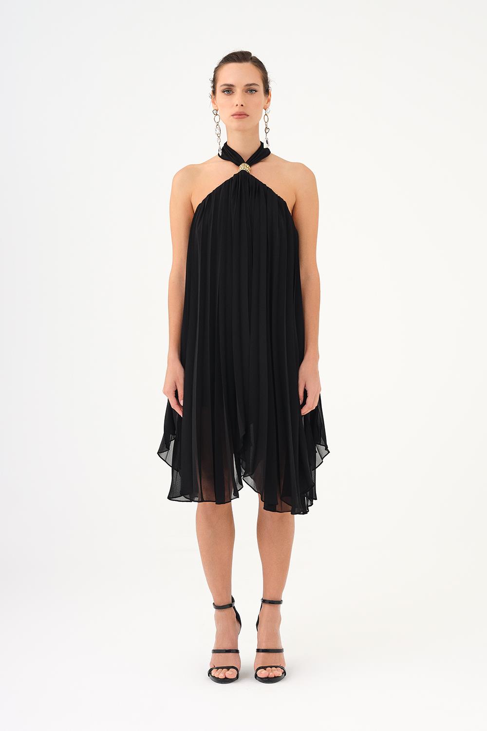 Halter Yaka Broş Detaylı Piliseli Mini Abiye Elbise - 9127C