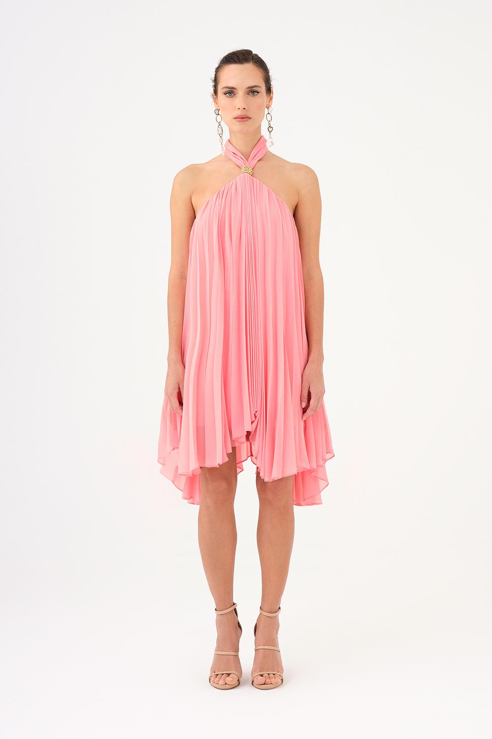 Halter Yaka Broş Detaylı Piliseli Mini Abiye Elbise - 9127C